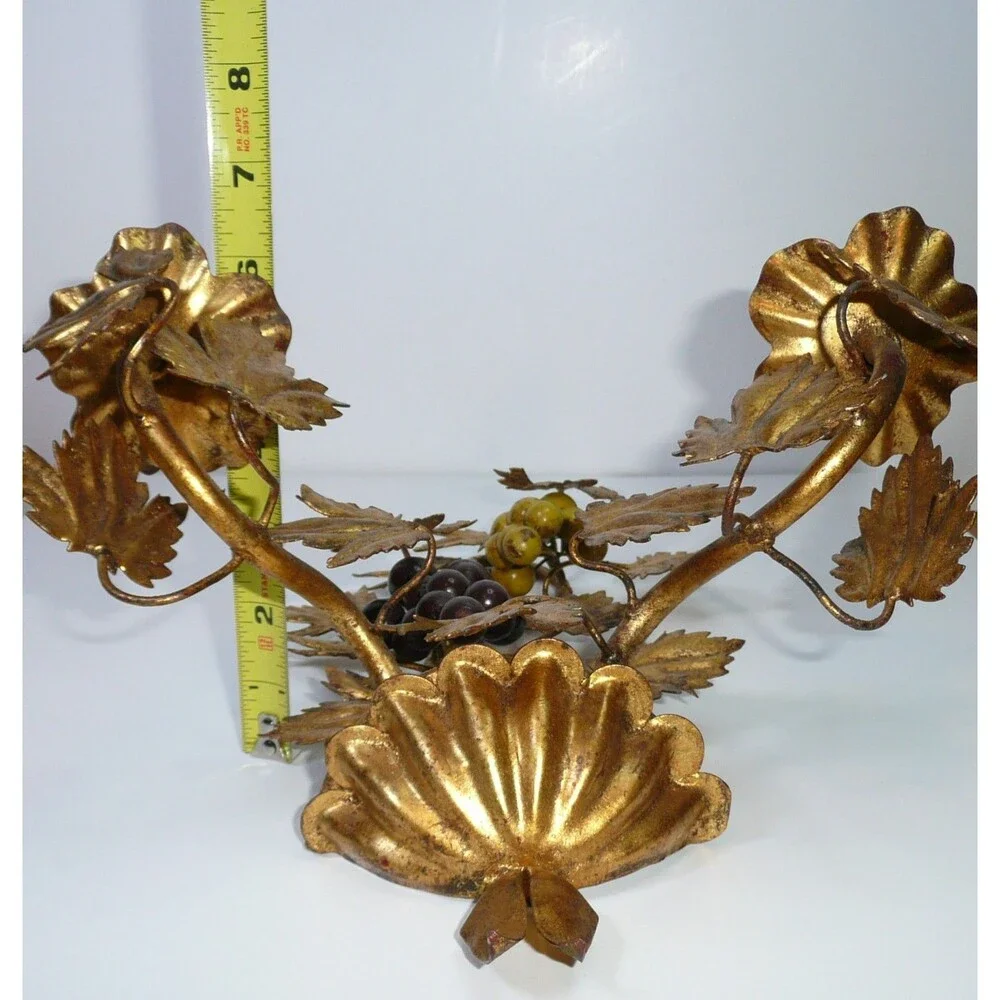 Vtg 2 Candle Sconce Italian Style Gold Grape Vine Gilt Metal Toleware Wall MCM